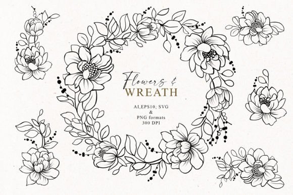 Download Hand Drawn Line Art Flowers and Wreath - Line art flowers Collection